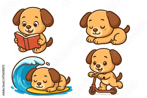 Set of cute cartoon puppy characters. Playful dog reading book, sleeping, surfing on a wave, riding a scooter. Adorable pet animal mascot collection for kids. Vector illustration.
