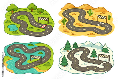 Cartoon race track set for video game level design. Four seasons rally road map collection. Summer, winter, desert, island paths. Vector illustration for board game or app.