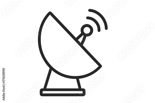 Satellite dish antenna line icon for telecommunication and broadcast. Radar symbol for signal transmission, data, and global network connection. Wireless technology vector pictogram.