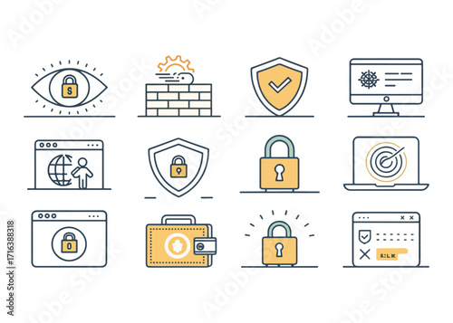 Cyber Security Icons Showing Internet Safety Data Protection and Secure Transactions for Online Business and Personal Security