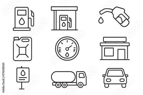 Gas station and fuel outline web line icons collection. Editable stroke. Petrol pump, tanker truck, car and canister symbols. Minimalistic linear pictogram for apps and web.