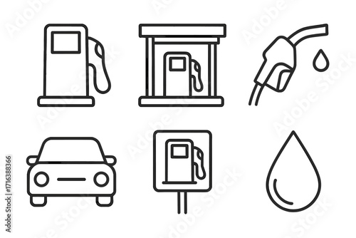Gas station outline web line icons collection. Fuel pump, nozzle, car and drop pictogram set. Petrol, gasoline and oil concept. Editable stroke. Minimal linear vector.