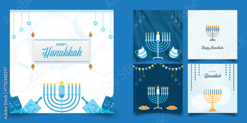 Set of Happy Hanukkah greeting cards. Collection of vector templates for the Jewish festival of lights.