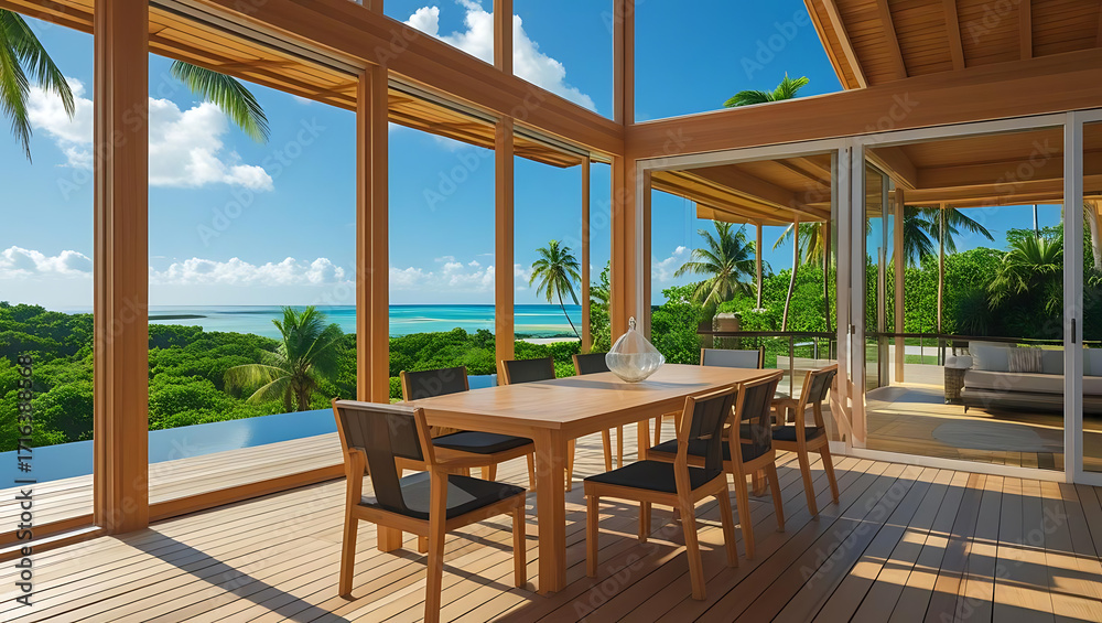 Fototapeta premium Luxurious open plan dining area with ocean views and modern wooden furniture