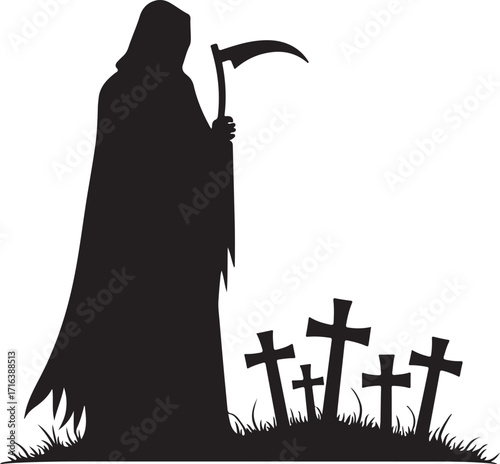 Grim Reaper silhouette with scythe and graveyard crosses