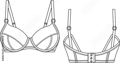 Stylish technical drawing of a modern, underwired bra with a flattering, full-cup design, adjustable straps, and a secure back closure, perfect for apparel templates.