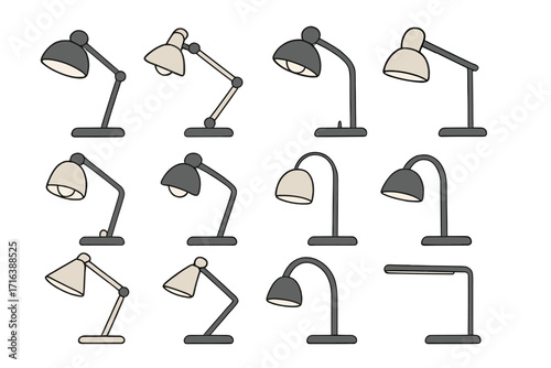 Collection of desk lamps in a minimalist style. Set of modern table lamps for home or office interior. Vector cartoon illustration of various lighting equipment fixtures.
