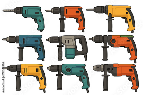 A versatile set of electric drills and hammer drills. Power tools for construction, repair, and renovation. Carpentry and DIY handyman equipment. Industrial tool kit vector icon set.