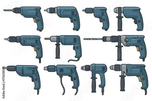 Set of various electric drills. Power tools collection for construction, renovation, or DIY projects. Hammer drill and screwdriver. Handyman equipment vector cartoon icon.