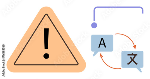 Exclamation mark triangle paired with circular arrows looping between two speech bubbles with letters. Ideal for translation workflow, warning systems, multilingual support, communication