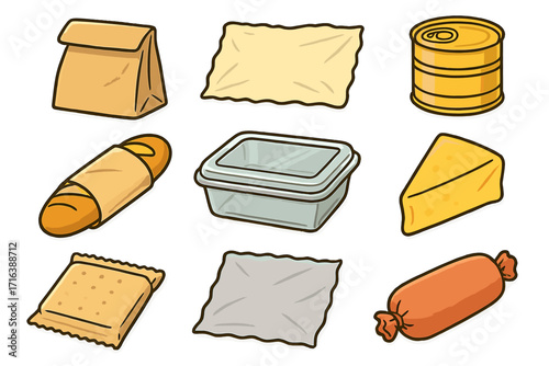 Food packaging and storage vector icon set. Cartoon illustration of grocery wrappings like paper bag, tin can, bread, cheese, cracker, sausage, foil, and plastic container.