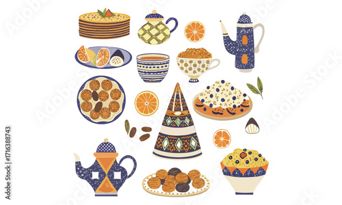 Traditional Moroccan Food Illustrations Tea, Sweets, Oranges, and Couscous Clipart