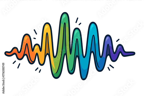 Vibrant sound wave illustration. Multicolor audio waveform showcasing rhythm & energy. Modern cartoon vector design for music, frequency & voice concepts. Colorful equalizer icon.