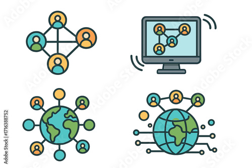 Social network communication icon set. Global community and digital teamwork concept. People connecting online worldwide. Vector line art for business and technology.