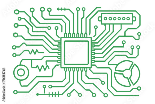 Circuit board vector illustration. Green electronic chip technology background. Microchip processor and computer hardware components line art. Digital data connection concept.