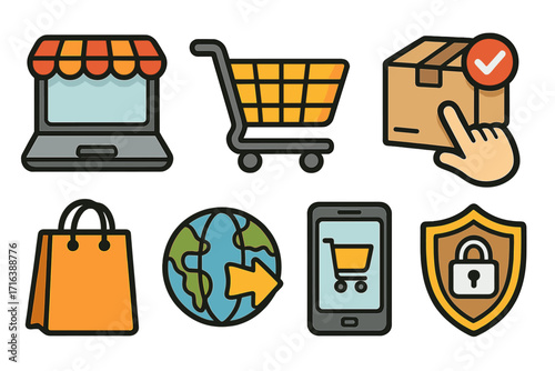 E-commerce online shopping vector icon set. Mobile commerce, secure payment, and worldwide shipping symbols. Online store, retail marketplace, and delivery service elements.