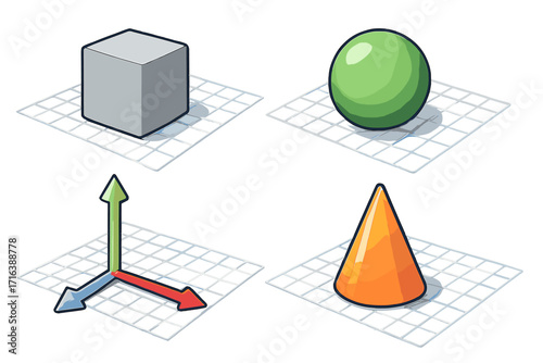 Isometric vector set of 3D geometric shapes. Cube, sphere, cone and xyz axis on a grid. Educational illustration for teaching mathematics, geometry, spatial concepts and design.