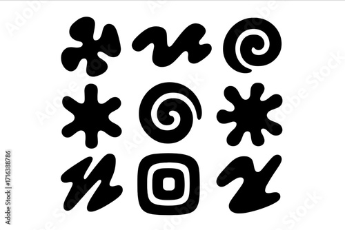 Set of abstract black shapes. Modern minimalist geometric and organic forms. Collection of hand-drawn design elements, icons, and symbols. Vector graphic doodle illustration.