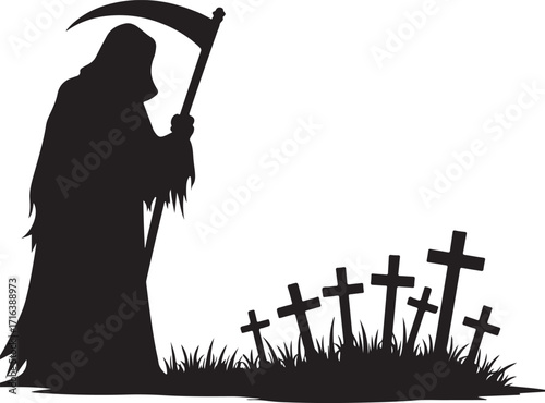 Grim Reaper silhouette with scythe and graveyard crosses