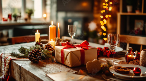 A table is set for a Christmas dinner with a large brown box in the center. The table is decorated with candles, pine cones, and a heart-shaped ornament. There are also wine glasses