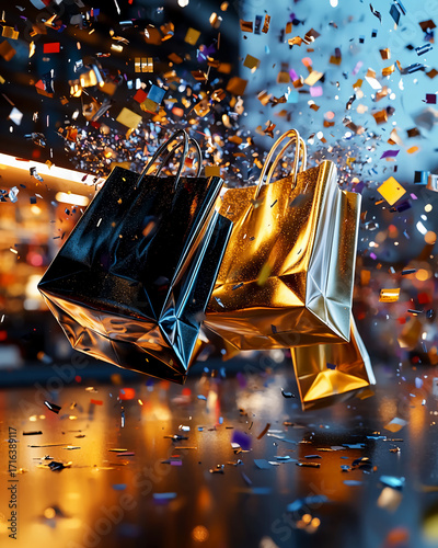 A black bag with gold trim is falling from the sky, with the words Black Friday written on it