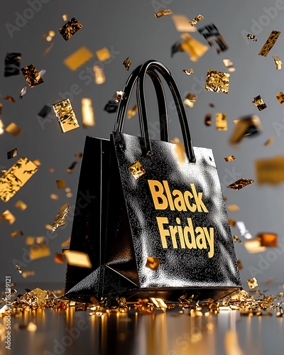 A black bag with gold trim is falling from the sky, with the words Black Friday written on it