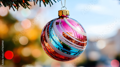 A colorful Christmas ornament hanging from a tree branch. The ornament is a large, multi-colored ball with a gold center. The scene is set against a blue sky, creating a festive and joyful atmosphere
