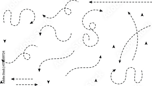 Dashed arrow set doodle dotted line vector design. hand drawn dotted arrows set.