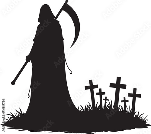 Grim Reaper silhouette with scythe and graveyard crosses