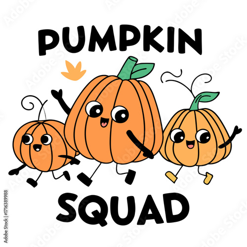 Cute Cartoon Pumpkin Squad Vector Illustration for Halloween, Funny Happy Pumpkins with Faces, Autumn Harvest Festival Design for Kids, Stickers, T-Shirts, Greeting Cards, Party Decorations