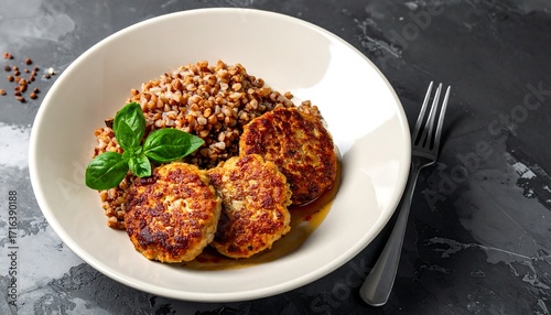 Healthy meal with buckwheat and patties