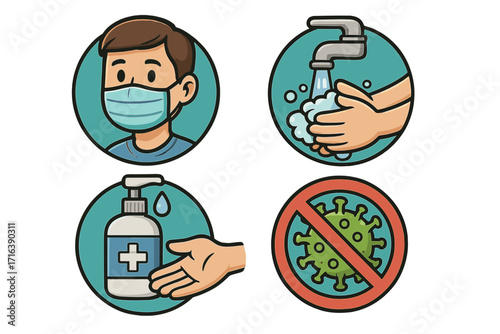 Health and safety icons for pandemic prevention. Hygiene practices like wearing a face mask, washing hands, and using sanitizer. Stop virus spread concept. Vector cartoon set.