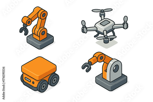 Isometric industrial robot icon set. Factory automation, robotic arm, delivery drone, autonomous vehicle. Vector cartoon illustration for smart industry, manufacturing, logistics.