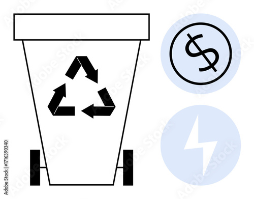 Recycling bin with triangular recycle logo, dollar sign, and lightning bolt icon. Ideal for sustainability, waste management, energy conservation, economic efficiency, green initiatives