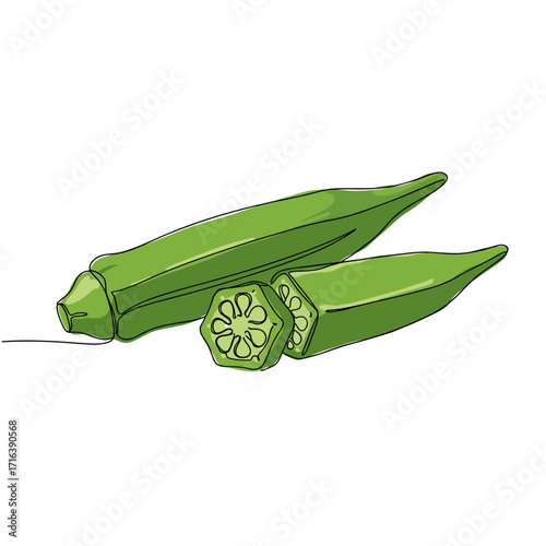 Sliced okra pod and whole pieces on white background  