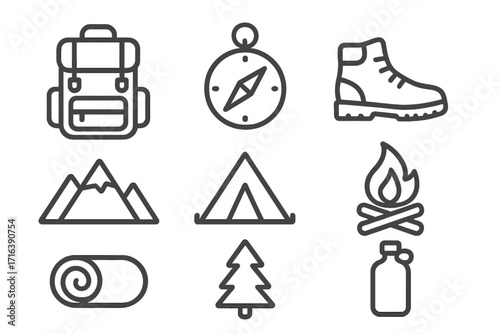 Minimalist hiking and camping line icon set. Outdoor adventure and travel equipment symbols. Vector collection with backpack, compass, tent, boots, and campfire.