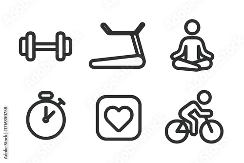 Fitness icon set. Minimalist line art. Vector graphic. Dumbbell for gym workout. Treadmill for cardio running. Yoga meditation. Cycling bicycle. Stopwatch timer. Heart health app UI.