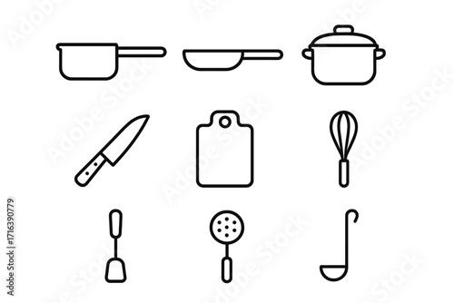 Kitchen utensils thin line icon set. Minimalist cooking tools collection. Vector outline graphic of pot, pan, knife, ladle for culinary design, food blog, or restaurant menu.