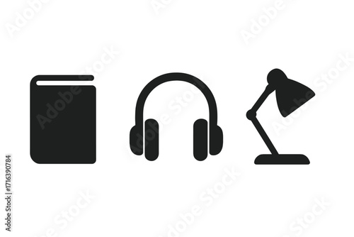 Minimalist reading icon set with book, headphones, and lamp silhouettes. Simple vector illustration for studying, learning, audiobooks, e-learning, podcast, and education.