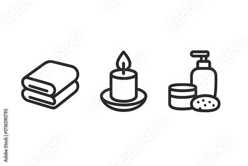 Spa and wellness line icon set. Vector illustration of a towel, candle, lotion, and cream. Symbols for relaxation, beauty, self-care, hygiene, and body treatment.