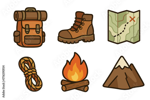 Outdoor adventure icon set for hiking and camping. Vector cartoon illustration of equipment like backpack, boot, map, rope, fire, and mountain for travel and trekking design.