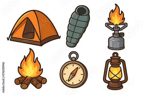 Set of outdoor camping icons. Tent, sleeping bag, stove, campfire, compass, lantern. Vector cartoon illustration for hiking, travel, and adventure concept. Isolated.
