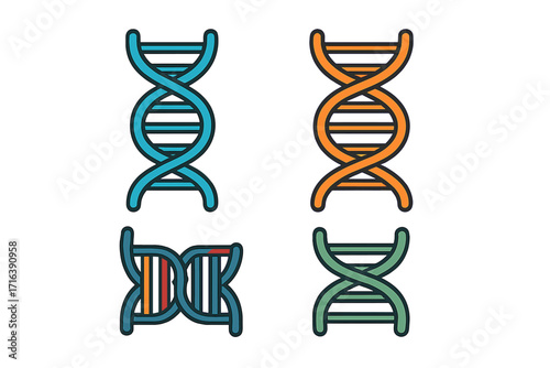 DNA helix vector icon set. Genetic research and biotechnology concept. Simple flat cartoon illustration of gene, chromosome, and molecule. DNA sequencing and mutation symbol.