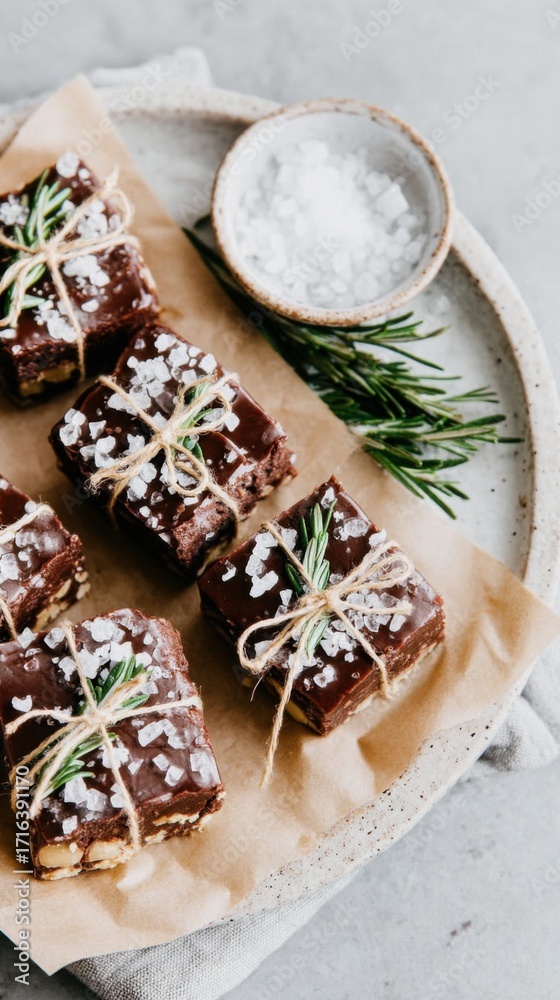 Fototapeta premium Handcrafted fudge squares tied with twine showcase a rustic appearance, garnished with herbs and sea salt on a beautifully arranged serving tray