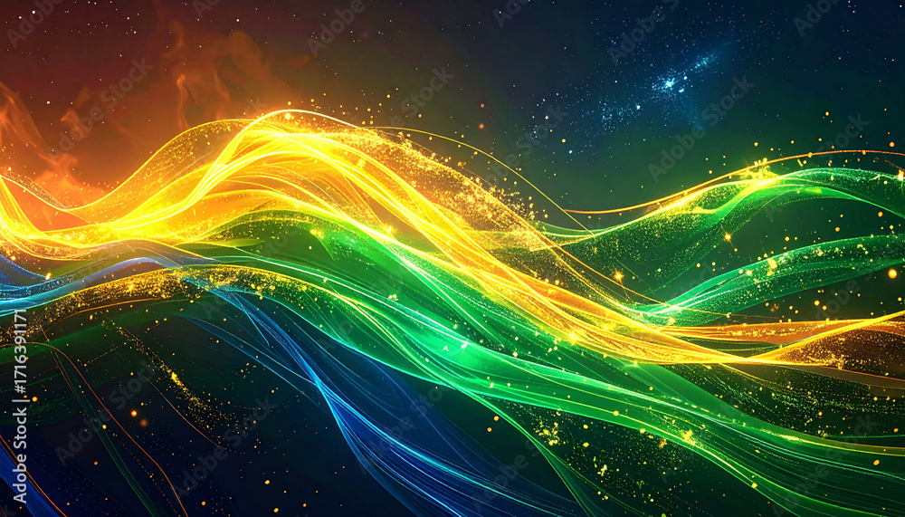 Fototapeta premium Futuristic glowing wave lines in Brazil flag colors under starry night