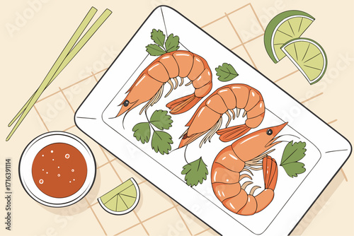 Top view of cooked shrimp on white plate with lime slices and dipping sauce