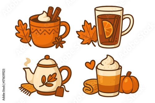Cozy autumn drinks vector icon set. Fall seasonal cartoon illustrations. Hot chocolate, pumpkin spice latte, tea, mulled wine. Warm hygge beverage collection for menu.