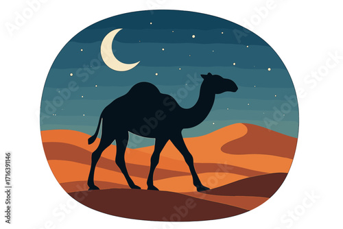 Camel silhouette walks across sandy dunes under a crescent moon in a serene desert landscape. Arabian night travel. Dromedary journey vector cartoon illustration concept.