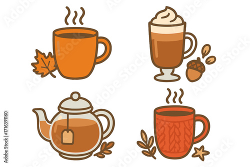 Cozy autumn drink vector icon set. Simple cartoon illustrations of hot tea, coffee, and lattes. Seasonal fall beverages with leaves and acorns for a warm hygge feeling.
