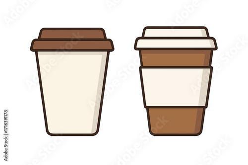 Paper coffee cup to go vector icon set. Minimalist flat illustration for coffee shop branding or cafe logo design. Takeaway hot drink container & disposable beverage mockup.